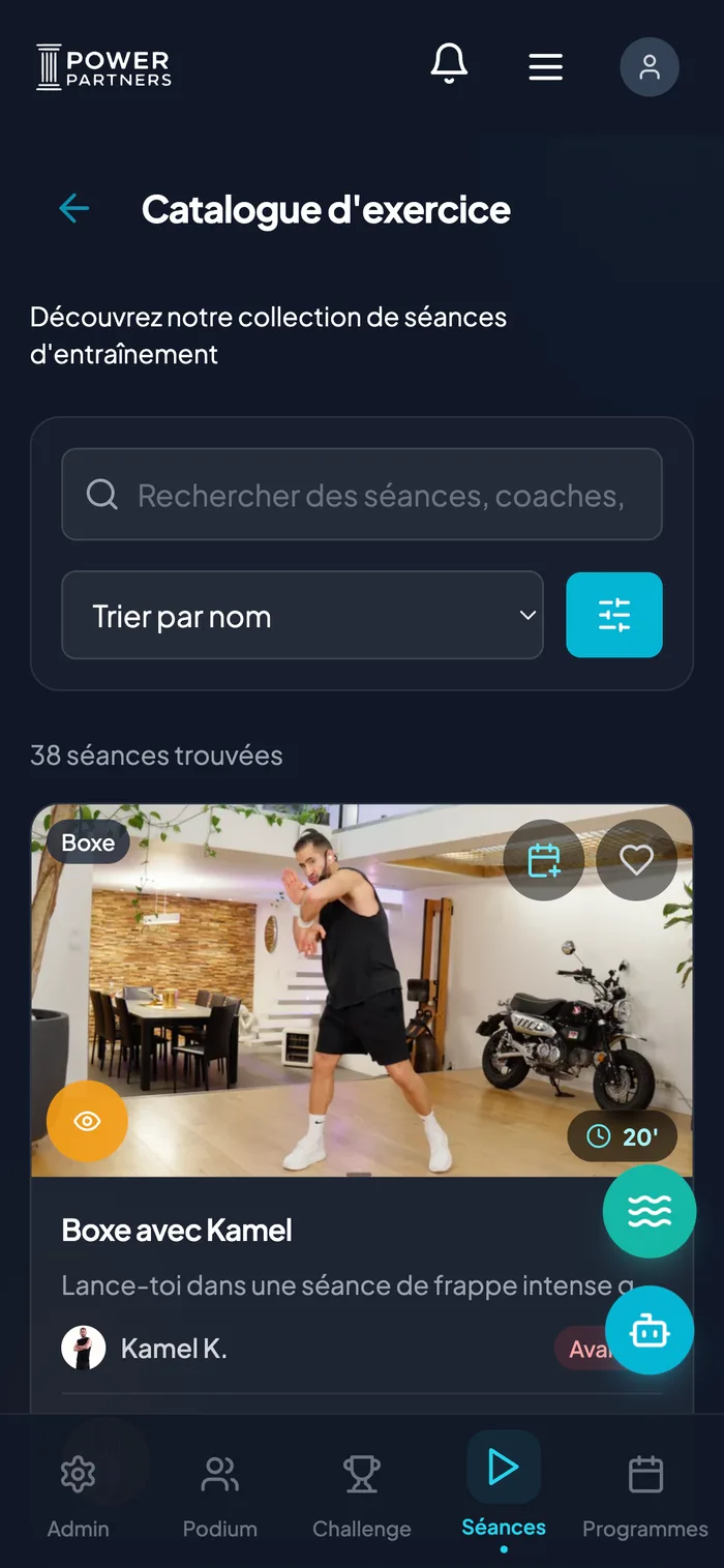 Catalogue des séances vidéo dans l'application Power Partners